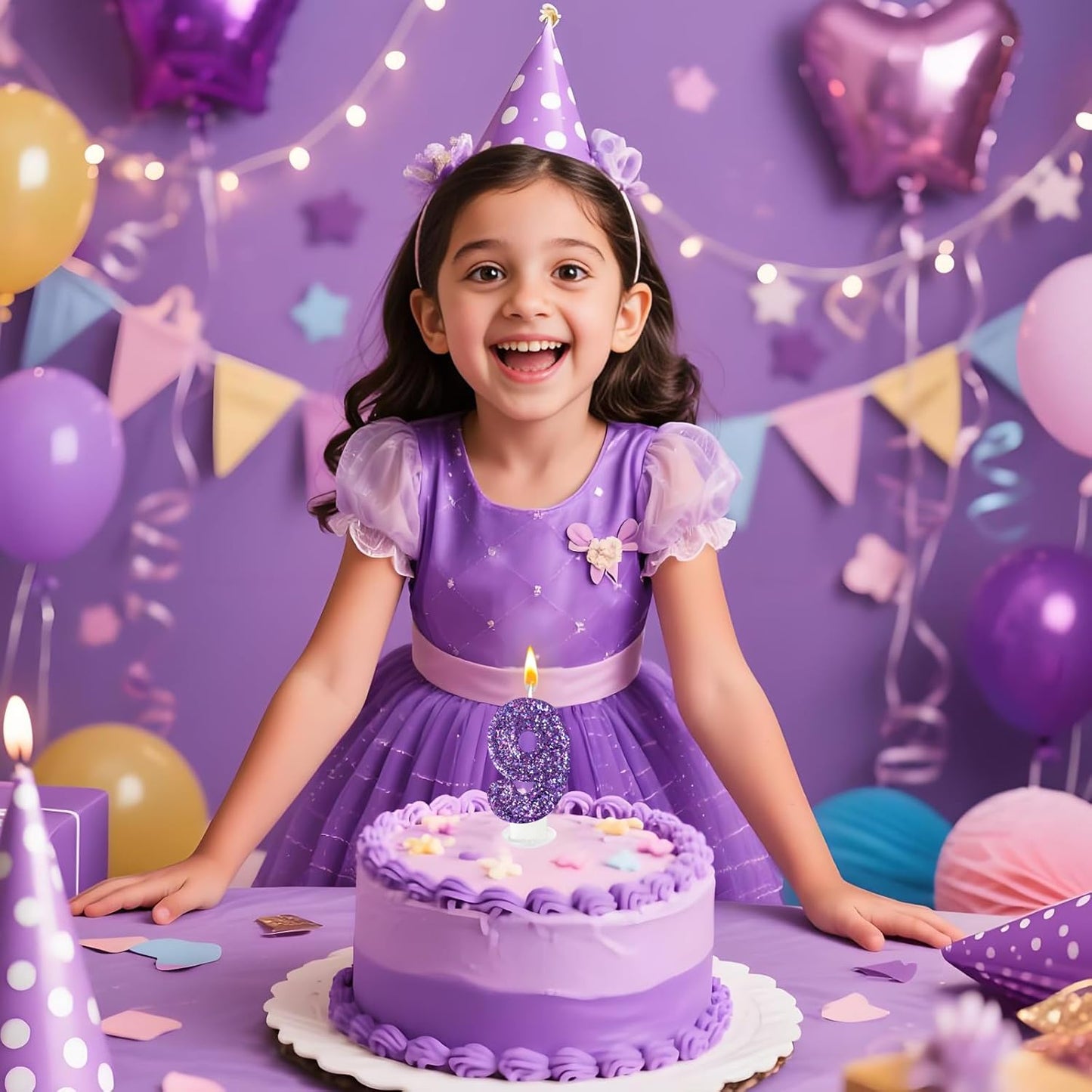 Birthday Number Candles, Glitter Number Candle Cake Decorations with Sequins, Cupcake Decorations for Girls, Women, Party Anniversary Celebrations (Number 9, Purple)