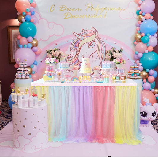 6FT Rainbow Tulle Table Skirts for Rectangle Tables or Round Table Cover with Skirt Princess Rainbow Ruffle Tulle Tutu TableSkirt for Baby Shower Girls Birthday Party Wedding Pastel Tutu Tablecloth