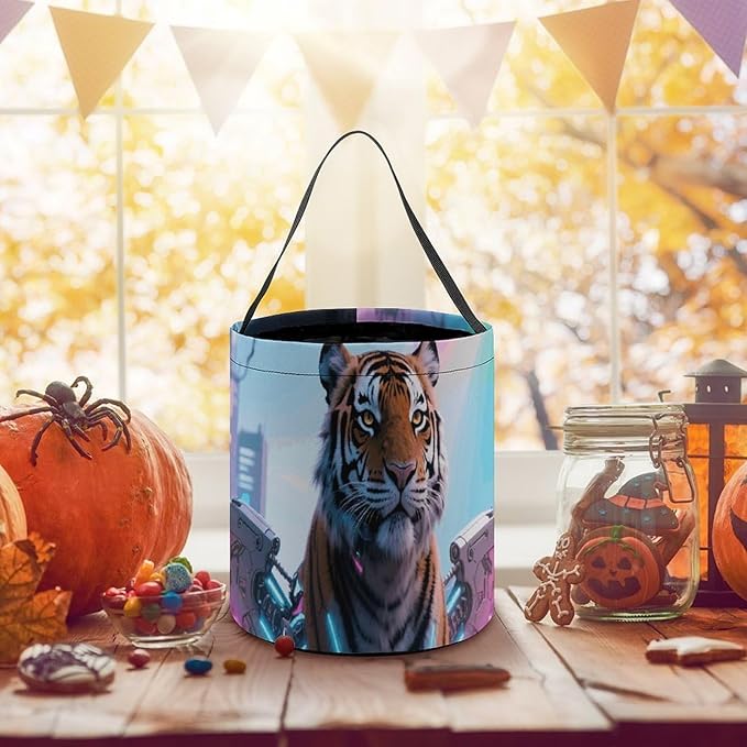 Halloween Candy Bucket - Cyber Hippie Tiger Trick Or Treat Candy Bag, Gift Bag for Party Favor Supplies