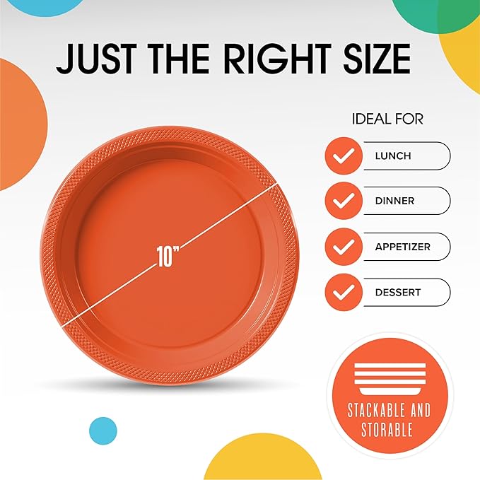 Exquisite Party Solids Orange Plastic Plates For Party Supplies 10" Orange Disposable Plates Heavy Duty 50 Pcs Plastic Dinnerware Sets Heavy Duty 350 GSM Disposable Dinnerware Set