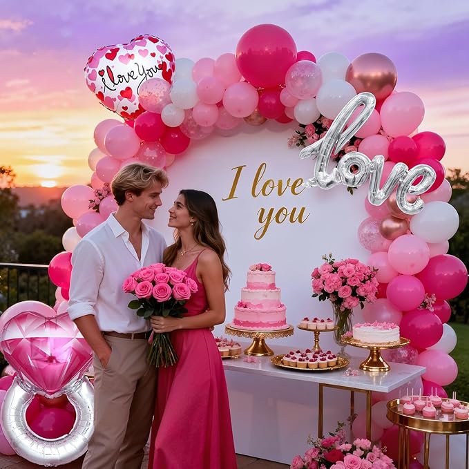 Valentines Day Balloon Arch Kit, Pink Rose Red Rose Gold Balloon Garland & I LOVE YOU/Love/Diamond Ring Foil Balloons for Galentines Mothers Day Wedding Engagement Anniversary Party Decorations