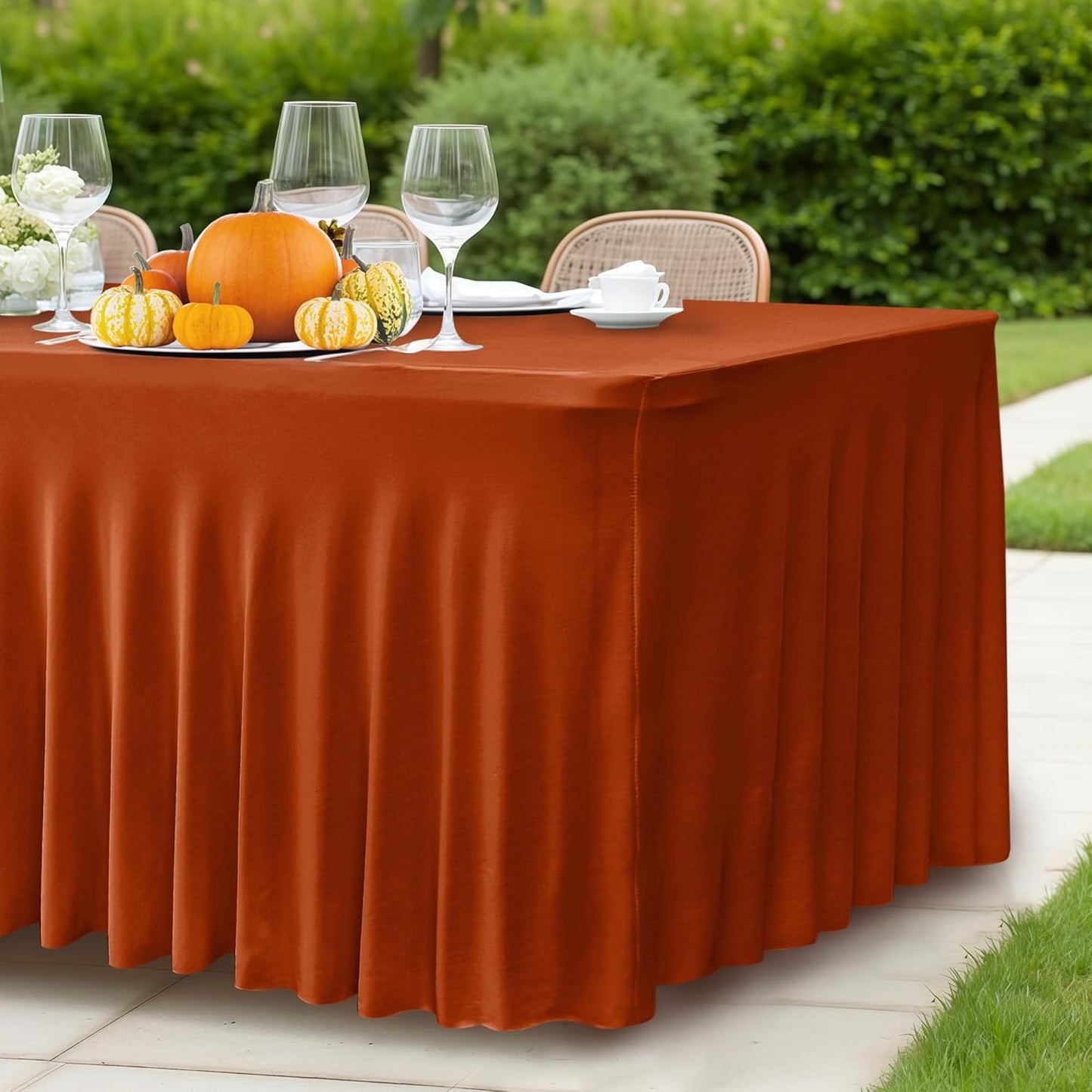 HolidayIdeas 6 Pack Spandex Table Skirts for 6 Foot Rectangle Table, Bulk Fitted 30x72 Inch Stretch Covers for Banquets, Craft Fairs, Rust
