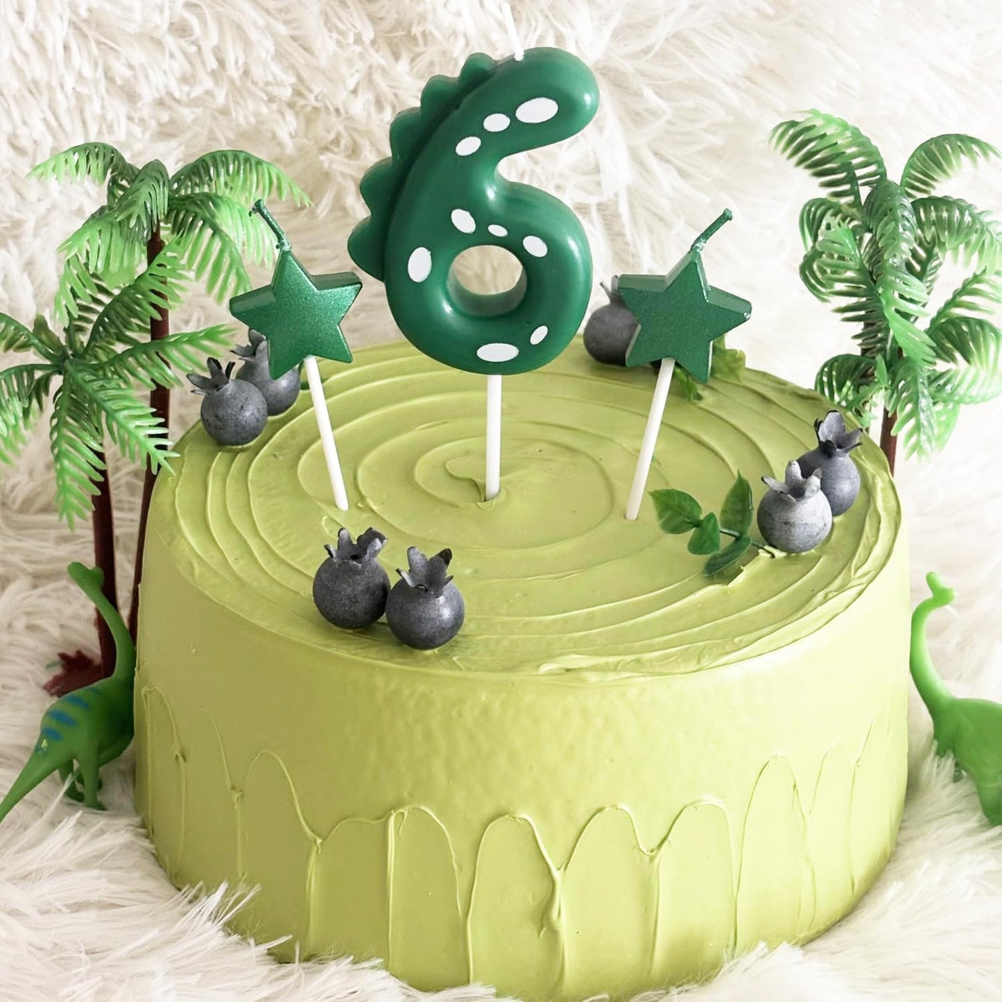 2.75 Inch Green Dinosaur Shaped 6 Number Birthday Candles and Star Birthday Candles,Suitable for Dinosaur Birthday Decorations & Themed Parties Celebration
