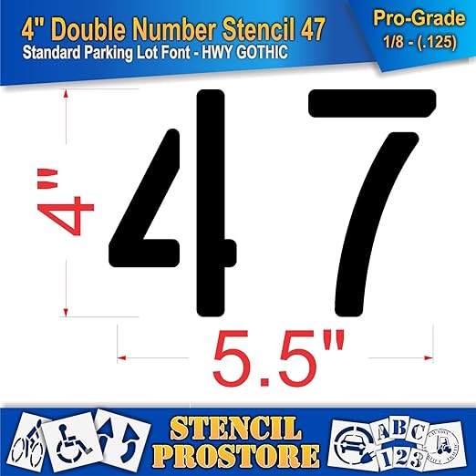 Pavement, Curb, and WheelStop Stencils - 4 inch Double Number Stencil - (47) - 4" x 5.5" x 1/8" (128 mil) - Pro-Grade