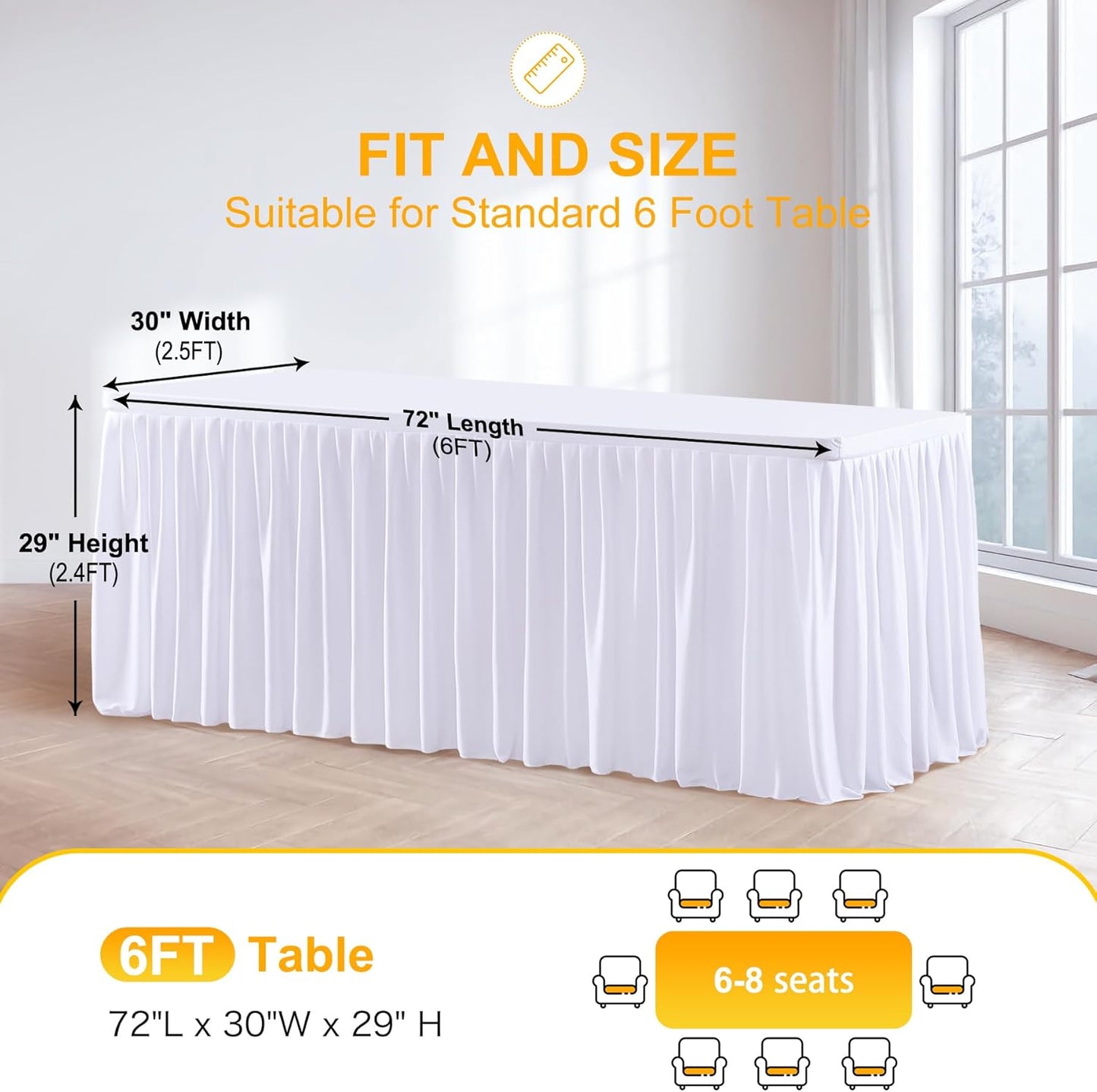 White Table Clothes for Rectangle Tables 6ft, Wrinkle Resistant Fitted Table Cloth with Pleated Ruffle Skirts for Banquet Wedding Baby Shower Folding Table