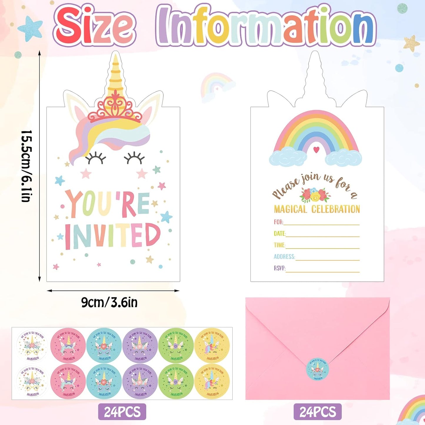 Hotop 24 Sets Unicorn Birthday Invitations with Envelopes and Stickers FOR GIRLS Party Invitations for Kids Birthday Baby Shower Party