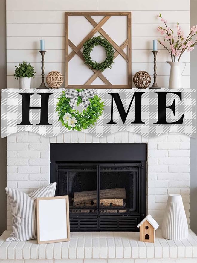 Rustic Home Fireplace Mantel Scarf Table Runner,Green Eucalyptus Leaves Wreath Wooden Plaid Winter Garland Mantel Top Tablerunners Dresser Scarves Cover for Windows Party Living Room 60"x17"