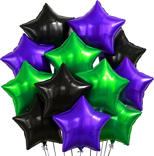 Katchon, Purple Green and Black Star Foil Balloons - 18 Inch, pack of 12 | Halloween Decorations Indoor, Spooky Decor For Home | Green Star Balloons For Halloween Decor | witch Party Decorations
