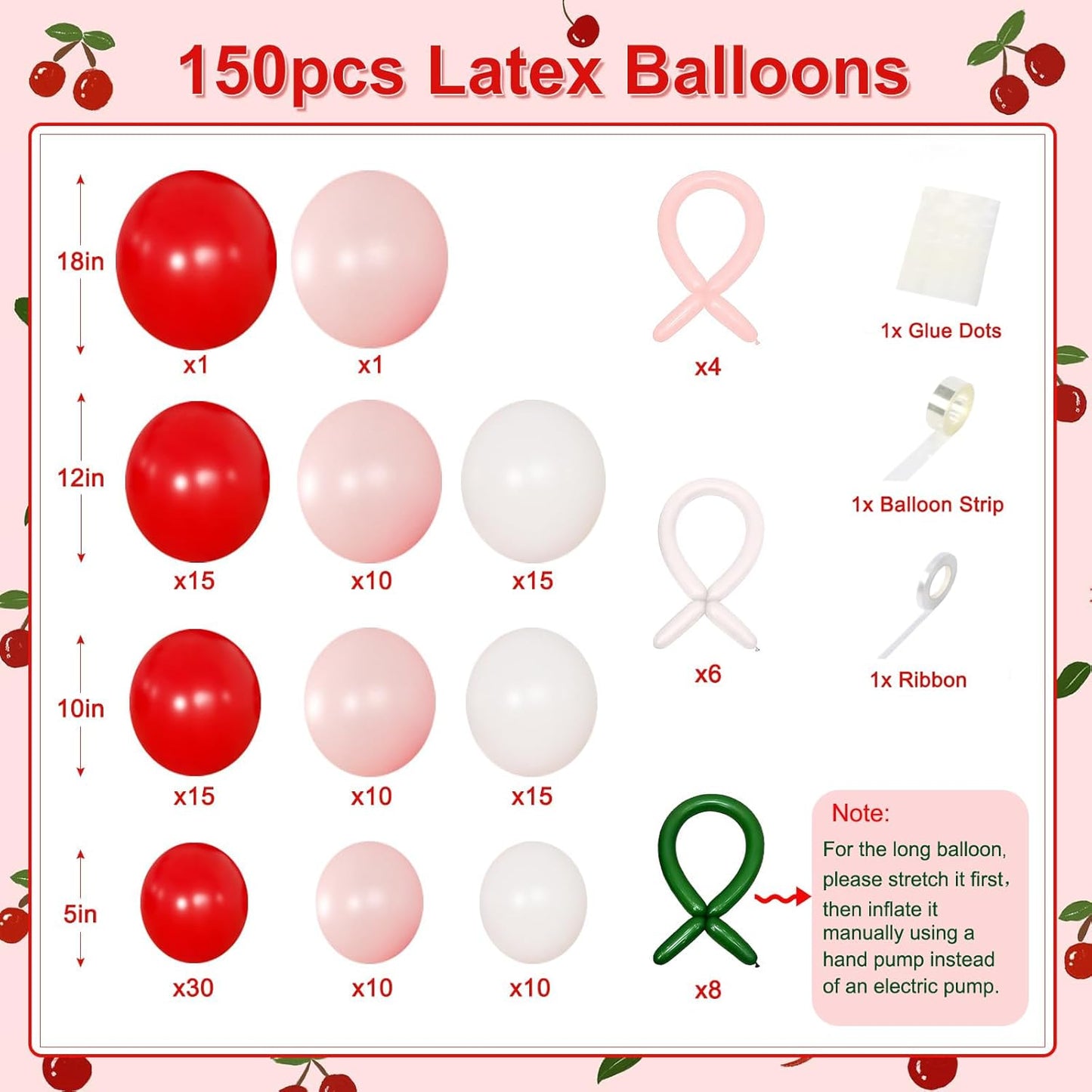 CROSSFINGERS Cherry Red Balloon Garland Arch Kit, Bow Pastel Pink and White Birthday Balloons Garland for Cherry Themed Birthday Baby Shower Wedding Galentine's Bridal Shower Party Decorations