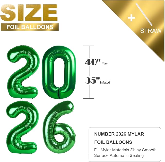 Dark Green 2026 Number Balloons, 40 Inch Balloon, New Years Eve Decorations, Balloons for New Years Eve Party Supplies 2026, Graduation Decoration, 2 6 20 26 Birthday Parties