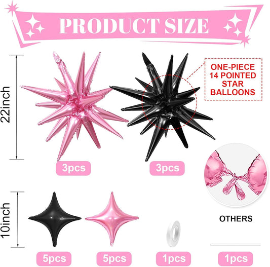 Black and Pink Star Balloon,6Pcs 22Inch Explosion Star Balloons and 10Pcs 10Inch Four Angle Balloons Kit for Birthday Anniversary Baby Shower Wedding Party Decorations