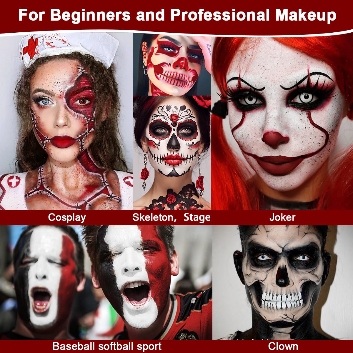 Red Black White Face Paint Clown Makeup, DE'LANCI Halloween Face painting Makeup Kit Professional White Black Body Paint, Waterproof Joker Sfx Pennywise Body Painting Zombie Vampire Skeleton Costume