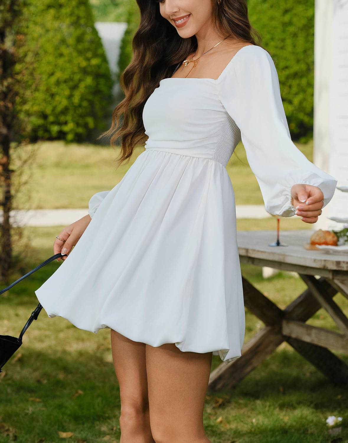 HYPERFIRE Women's Square Neck Pleated Long Sleeve Mini Dress Smocked A Lind Bubble Wedding Dresses