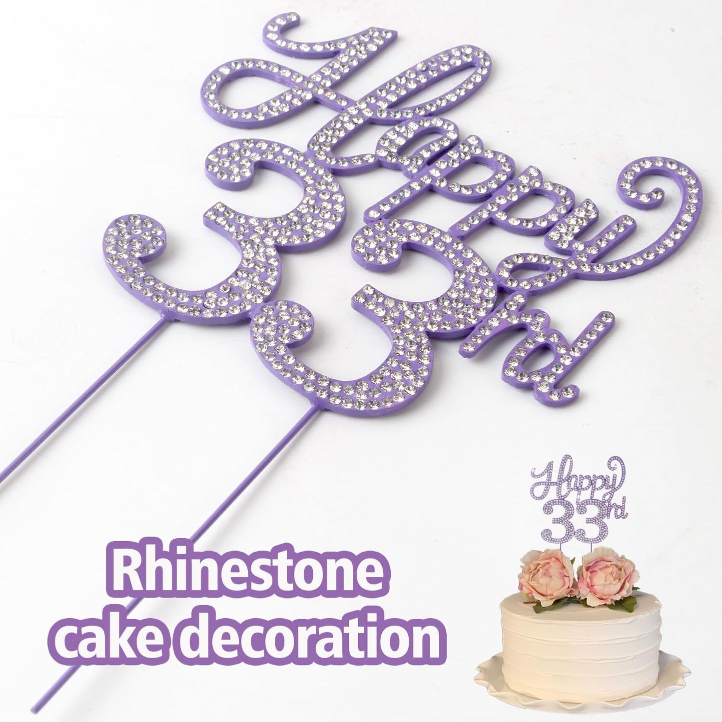 Happy 33rd Birthday Decorations,33rd Birthday Purple Rhinestone Cake Topper - Cheers to 33 Years Old Bday Party Metal Sparkly Cake Centerpieces Sign.