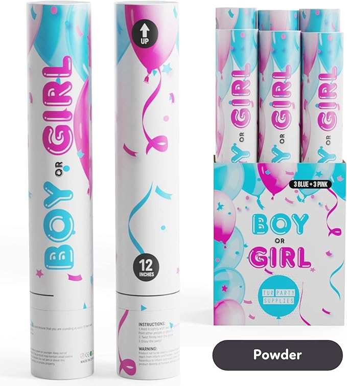 Gender Reveal Powder Smoke Bombs Cannon Poppers | 3 Pink & 3 Blue Poppers | Biodegradable | Alternative to Gender Reveal Smoke Bombs Extinguisher | Gender Reveal Party Decorations | TUR Party Supplies