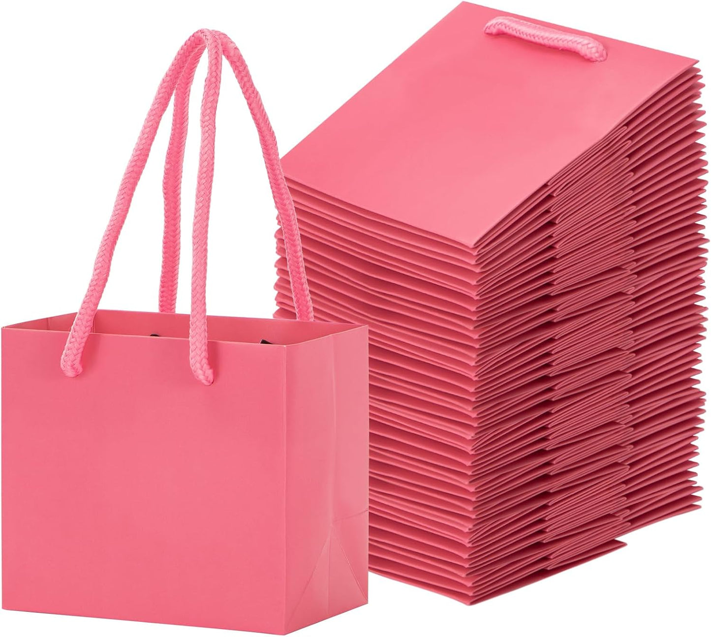 driew Small Pink Gift Bags 50 Pcs, 4.5" x 2.8" x 4" Min Thick Kraft Paper Bags Bulk with Pink Handles Set for Wedding Party Birthday Gathering Baby Shower
