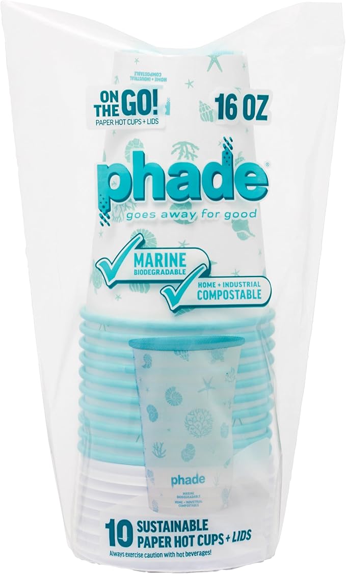 phade 16 oz Paper Hot Cups with Lids - 80 Count - Marine Biodegradable, Compostable & PFAS-Free - Made in USA Eco Coffee Cups, Sealife Blue,