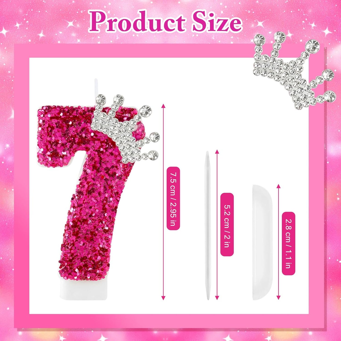 Hot Pink Birthday Candles Crown Number 7 Candle 7th Birthday Party Decorations Cake Topper Cupcake Decor for Anniversary Celebrations Supplies