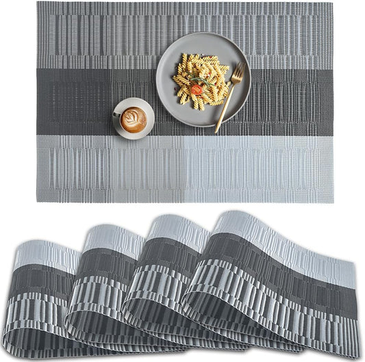 homEdge PVC Placemat, 4 PCS of Non-Slip Heat Resistant Place Mats, Washable Vinyl Placemats, Set of 4 – Ombre Silver Gray Black