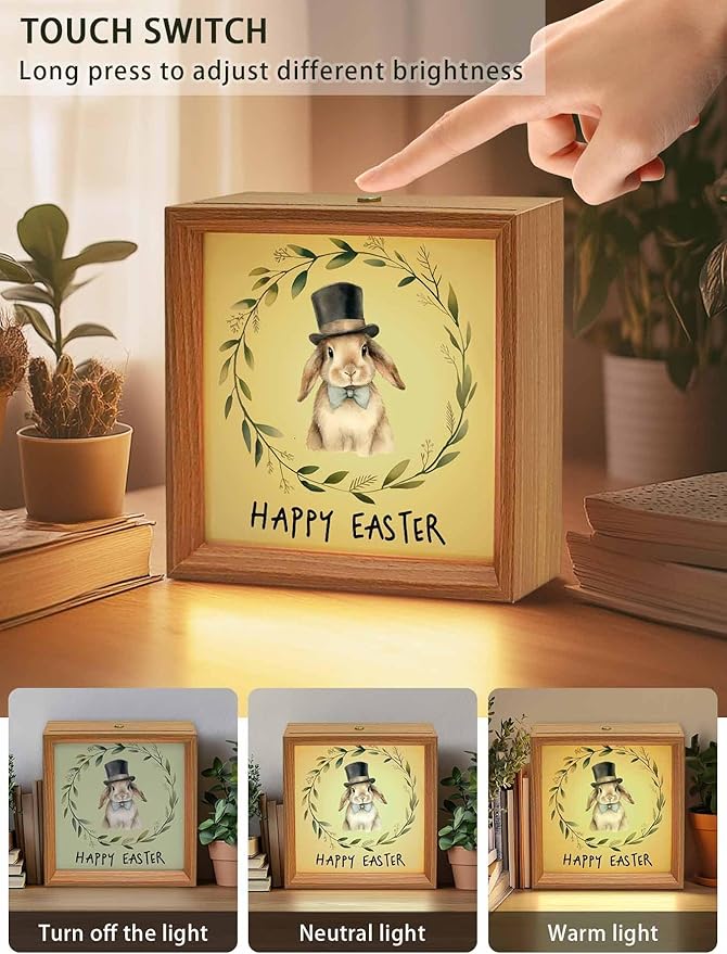 Happy Easter Bunny Garland Wooden LED Night Light USB Rechargeable Dimmable Touch Table Light for Home Decor Pastoral Eucalyptus Leaf Wood Picture Frame Box,6.5X6.5IN