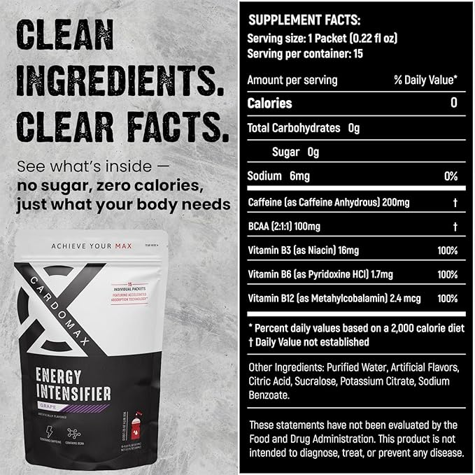 CardoMax - Energy Drink Packets - Liquid Preworkout for Men & Women Caffeine Packets with BCAA, Vitamin B12, Vitamin B6 & B3 - Sugar-Free, Zero Calorie, Vegan & Keto - 15 Stick Packs - Grape