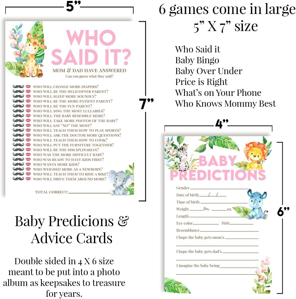 Amanda Creation Baby Shower Games 8 Game Set Watercolor Jungle Animals Girl 80 Double-Sided Cards for 20 Guests. Baby Shower Bingo, Baby Predictions & Activities for Guests. Theme for Girl