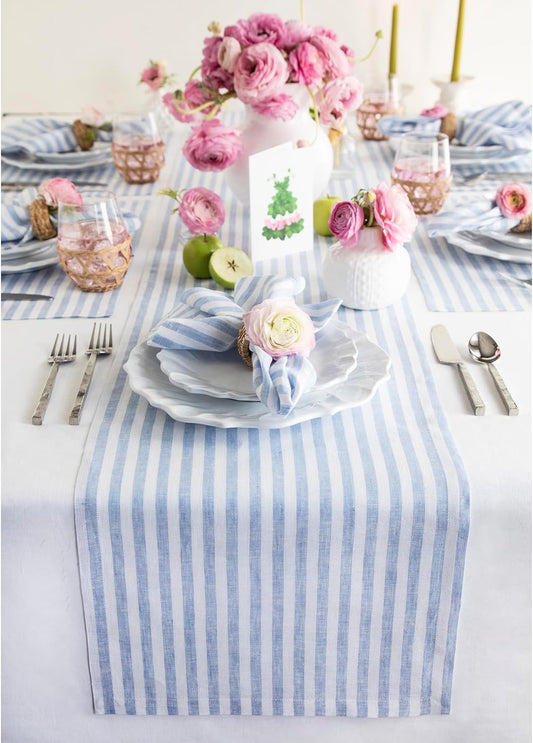 Solino Home Linen Table Runner 108 Inches Long - Amalfi Stripe, 100% Pure Linen Sky Blue and White Table Runner 14 x 108 Inch for Dining, Christmas