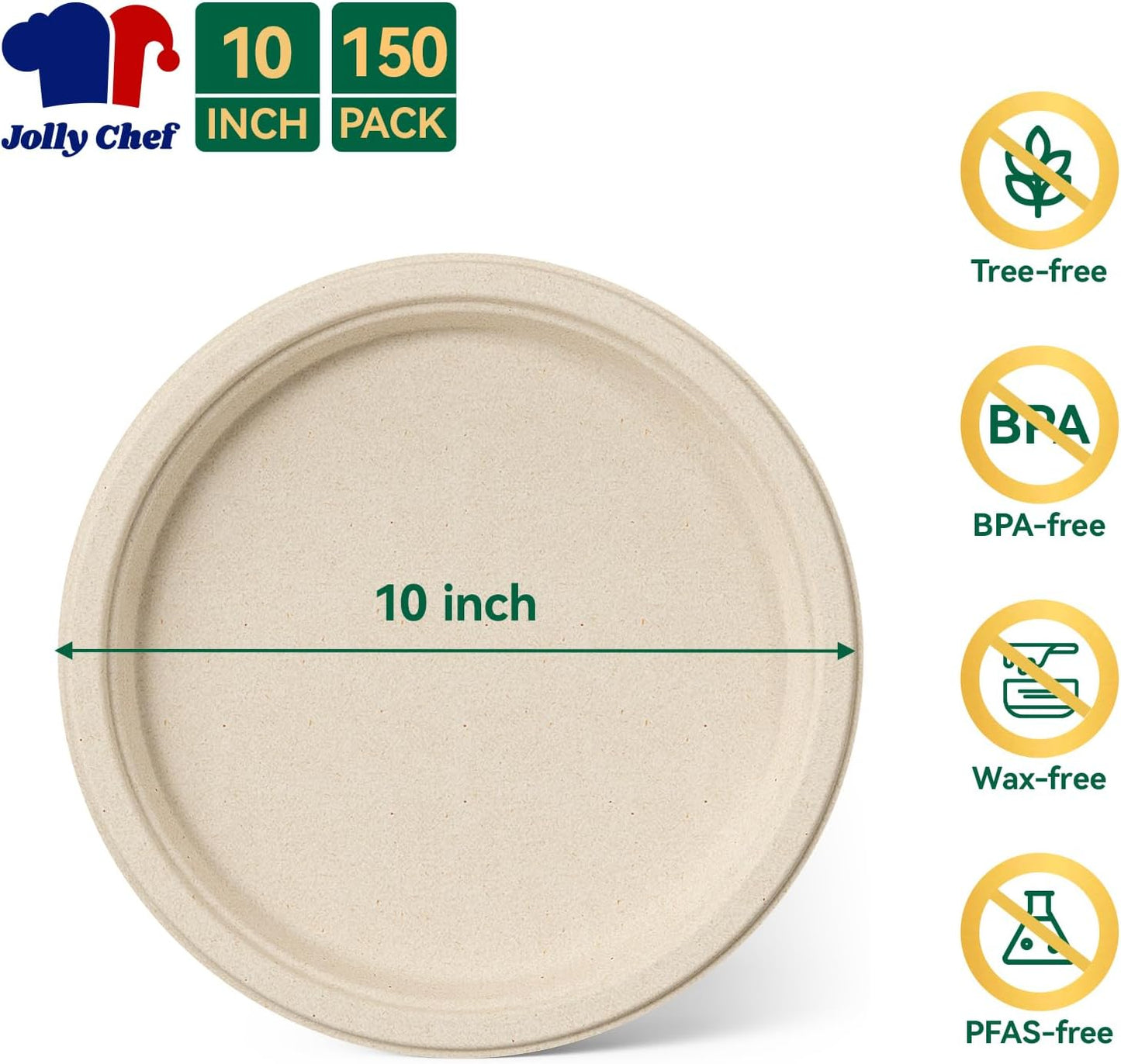 JOLLY CHEF 100% Compostable Paper Plates, 150 Pack 10 Inch Heavy Duty Plates, Disposable Biodegradable Eco-Friendly Sugarcane, Bulk Nature