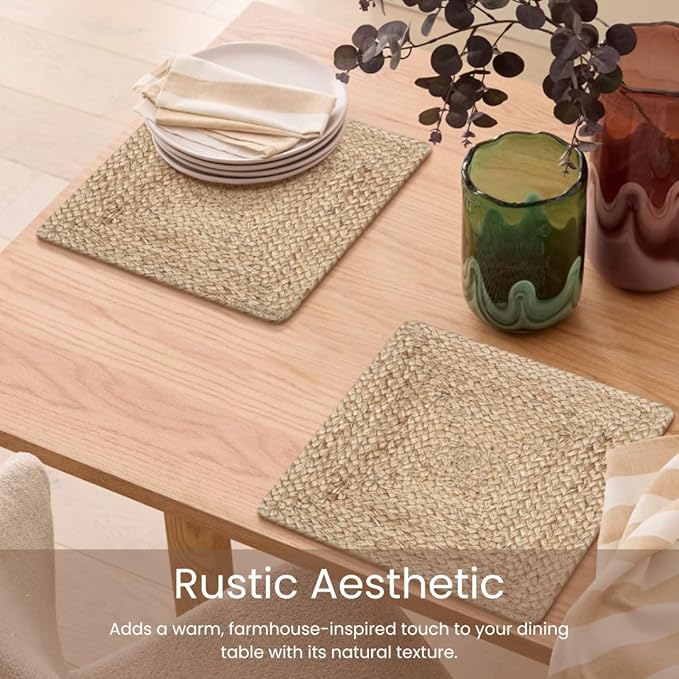 Handcrafted Jute Braided Placemats Set of 4 - 100% Jute Handwoven Rustic Vintage Farmhouse Placemats 14x14 Inch Square, Durable Non-Slip for Dining, Kitchen, Coffee Table Décor Table Mats