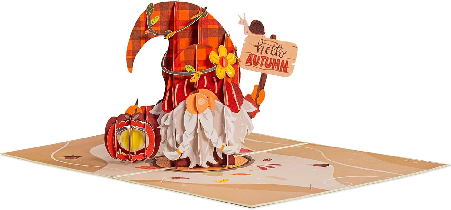 Paper Love Fall Pop Up Card, 3D Gnome, For Autumn, Thanksgiving - 5" x 7" Cover - Includes Envelope and Removable Note Tag