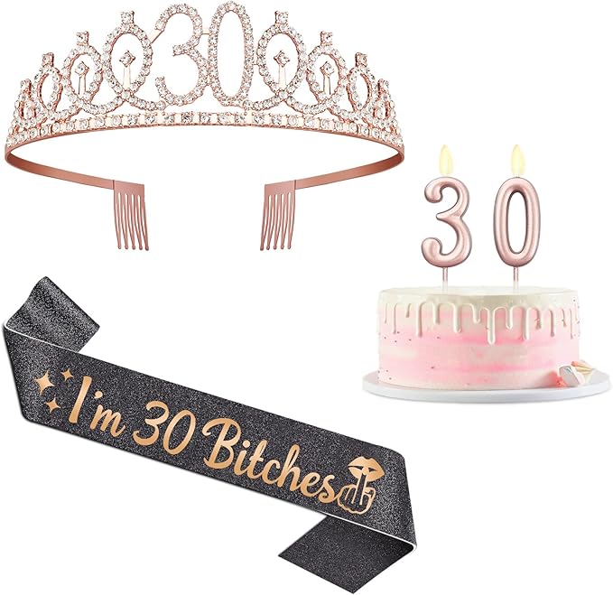 30th Birthday Decoration for Her with I'm 30 Bitches Sash, Rose Gold Tiara, Rose Gold Numbers 30 Candles, Sincere 30th Birthday Gifts for Women