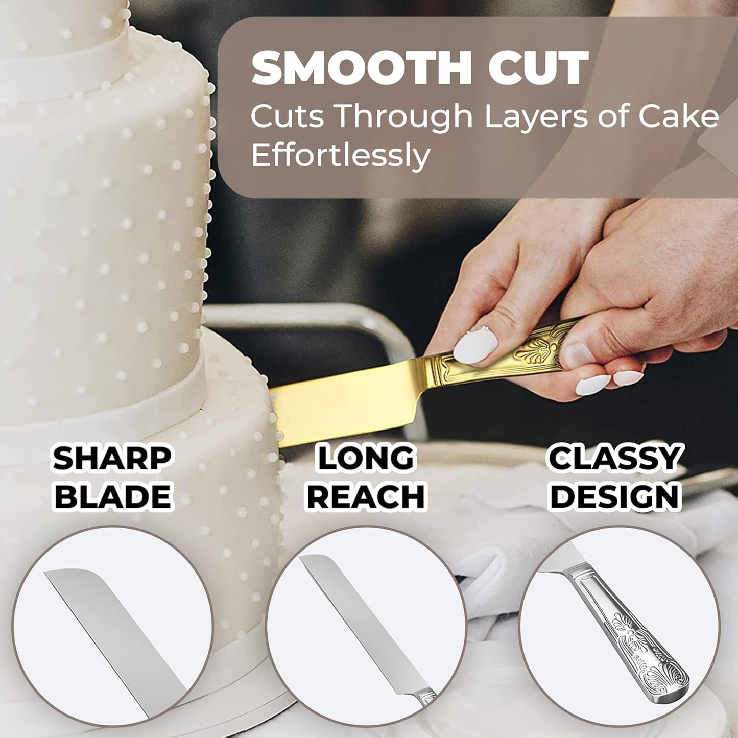 Orblue Wedding Cake Knife and Server Set - Premium, Beautifully Engraved Cutting Set - Elegant Keepsake for Newlyweds Gold