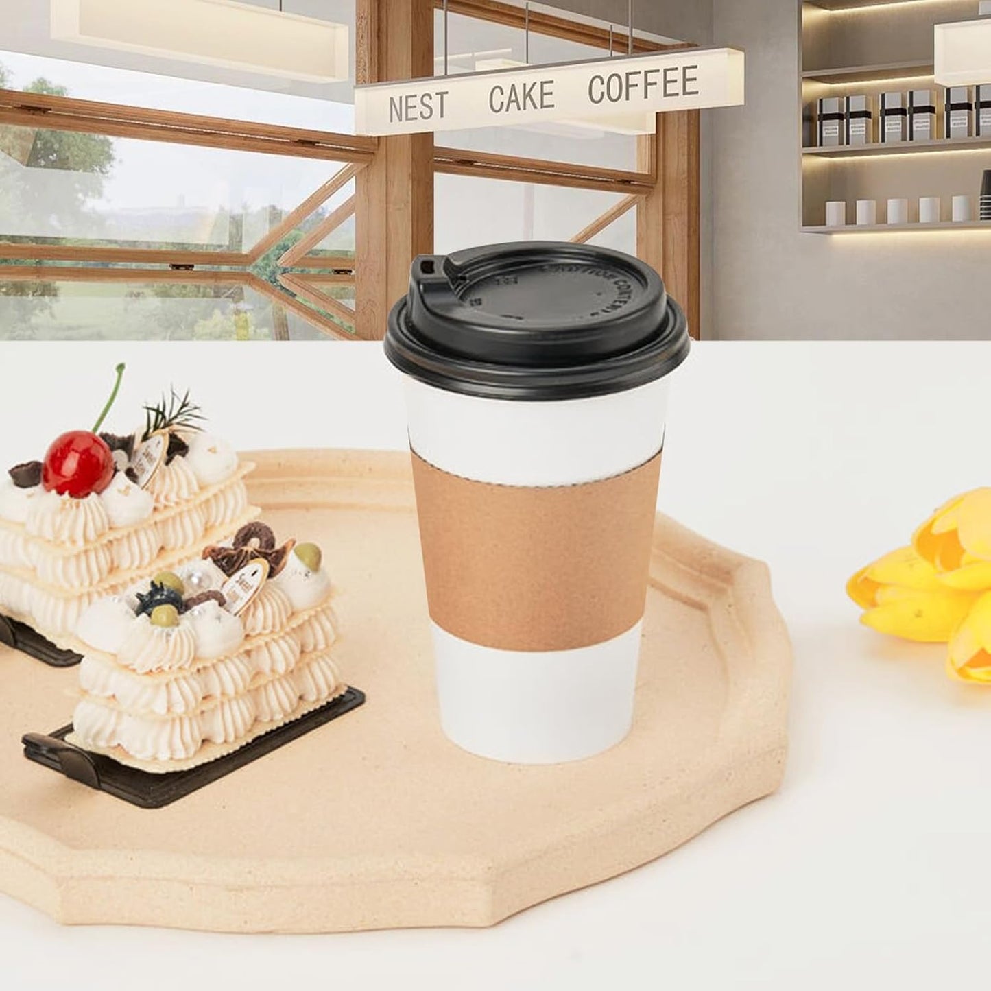 RACETOP Disposabe Coffee Cups with Lids and Sleeves 16 oz 50 Pack, Hot Paper Coffee Cups with Lids, To Go Cup with Lid, Ideal for To Go Coffee, Travel, Office, Home