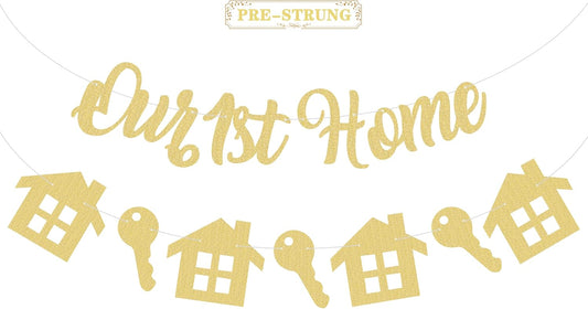 Pre-Strung Our 1st Home Banner - Gold Glitter Welcome Back Party Decorations & Decor, Perfect for Housewarming, Homecoming, & Military Return