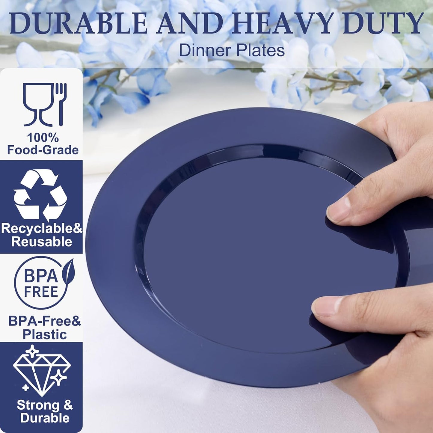 FLOWERCAT 200PCS Navy Blue Plastic Plates Disposable Plates for Party - Heavy Duty Plastic Plates - 10" &7" Plate for 100 Guests Halloween Parties and Events