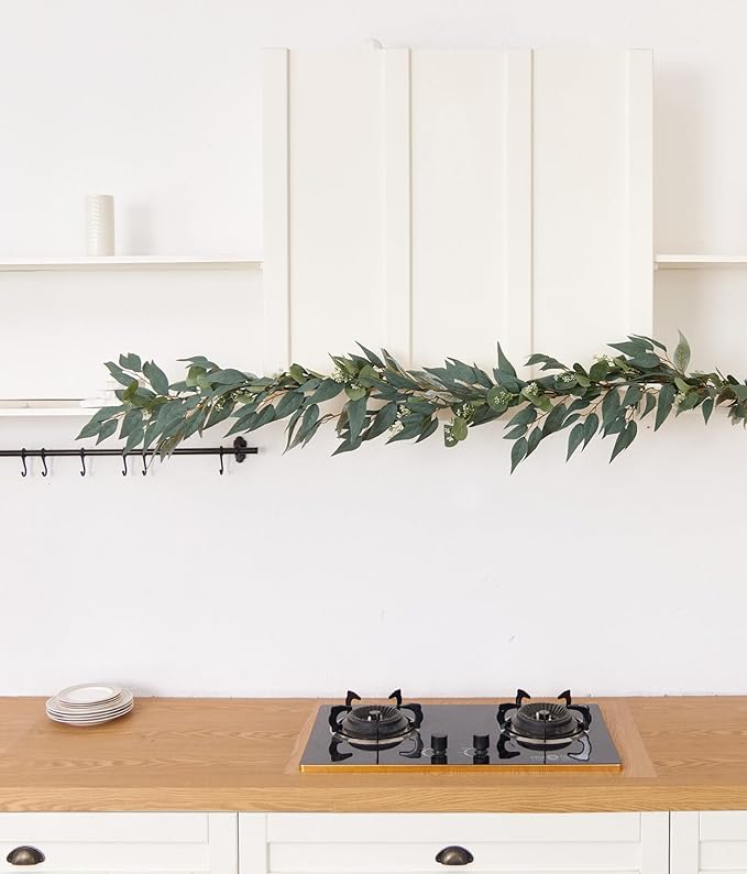 6FT Greenery Eucalyptus Garland, Spring Eucalyptus for Home Decor Wedding Garland for Table Centerpieces & Wedding Arch Floral Arrangements 6FT Real Touch Silk Stems