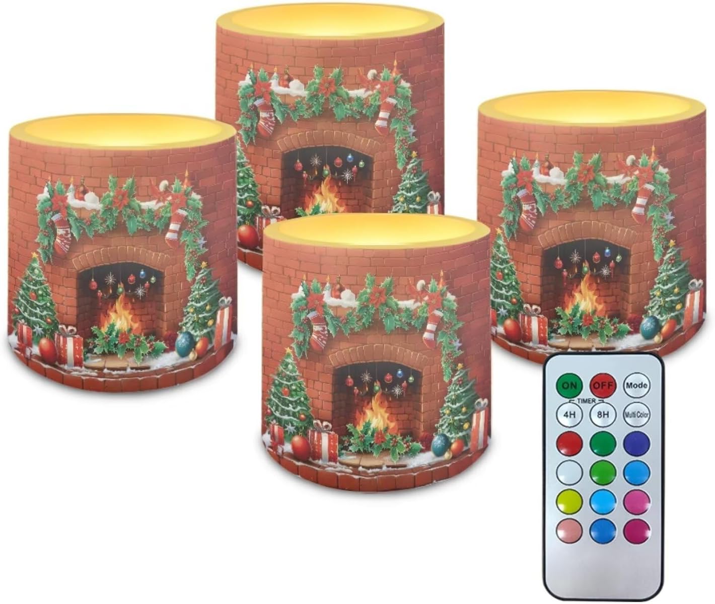 Poceacles 4 PCS Christmas Flameless Candles with Remote Timer LED Pillar Lights Battery Powered Realistic Flickering Wick Candles for Home Special Events Decor, Christmas Fireplace Pattern