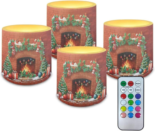 Poceacles 4 PCS Christmas Flameless Candles with Remote Timer LED Pillar Lights Battery Powered Realistic Flickering Wick Candles for Home Special Events Decor, Christmas Fireplace Pattern