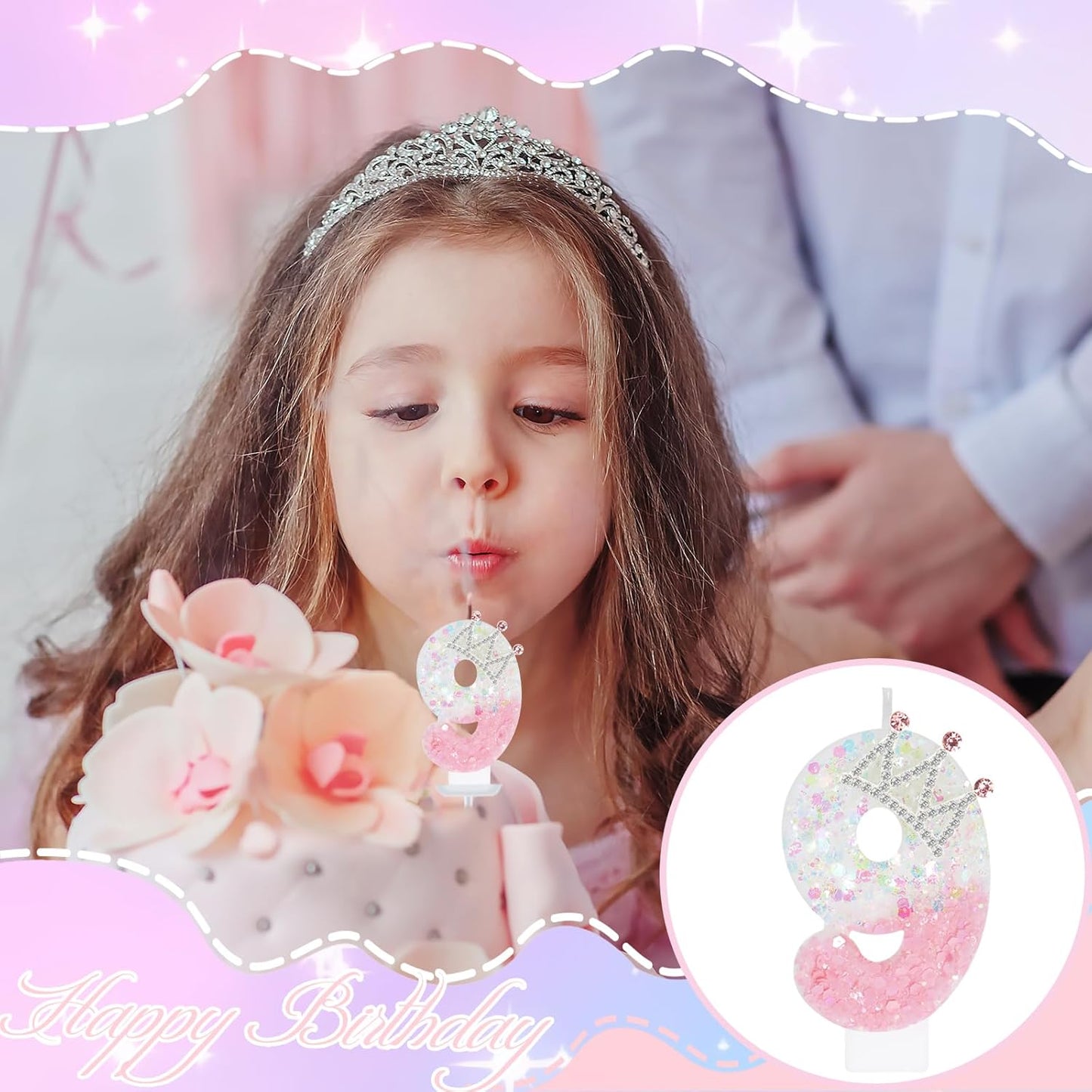 Pink White Number 9 Candle, Glitter Crown Cake Topper, Princess Birthday Party Decorations for Girls and Women Anniversary Celebrations Party Favors