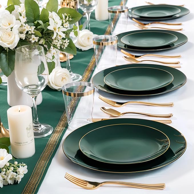 Nervure 100Pcs Green and Gold Plastic Plates - 10.25inch Disposable Green Dinner Plates - Heavy Duty Plastic Plate Ideal for Wedding & Party (Pack of 2)
