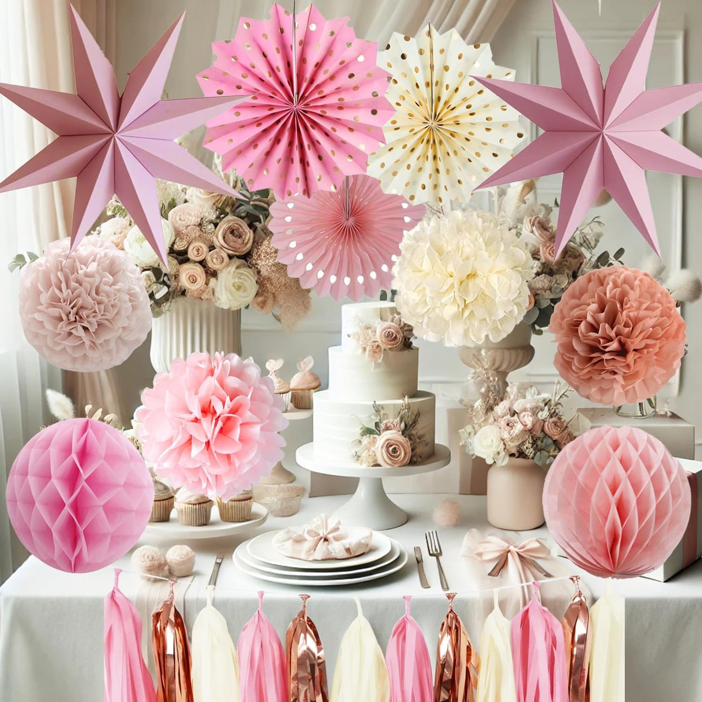 Pink Party Decorations - Dusty Pink Birthday Decoration - 15PCS Boho Decorations for Women Men Girl Boy,Hanging Backdrop Decor for Engagement,Boho Wedding,Baby Shower,Bridal Shower,Garden Party
