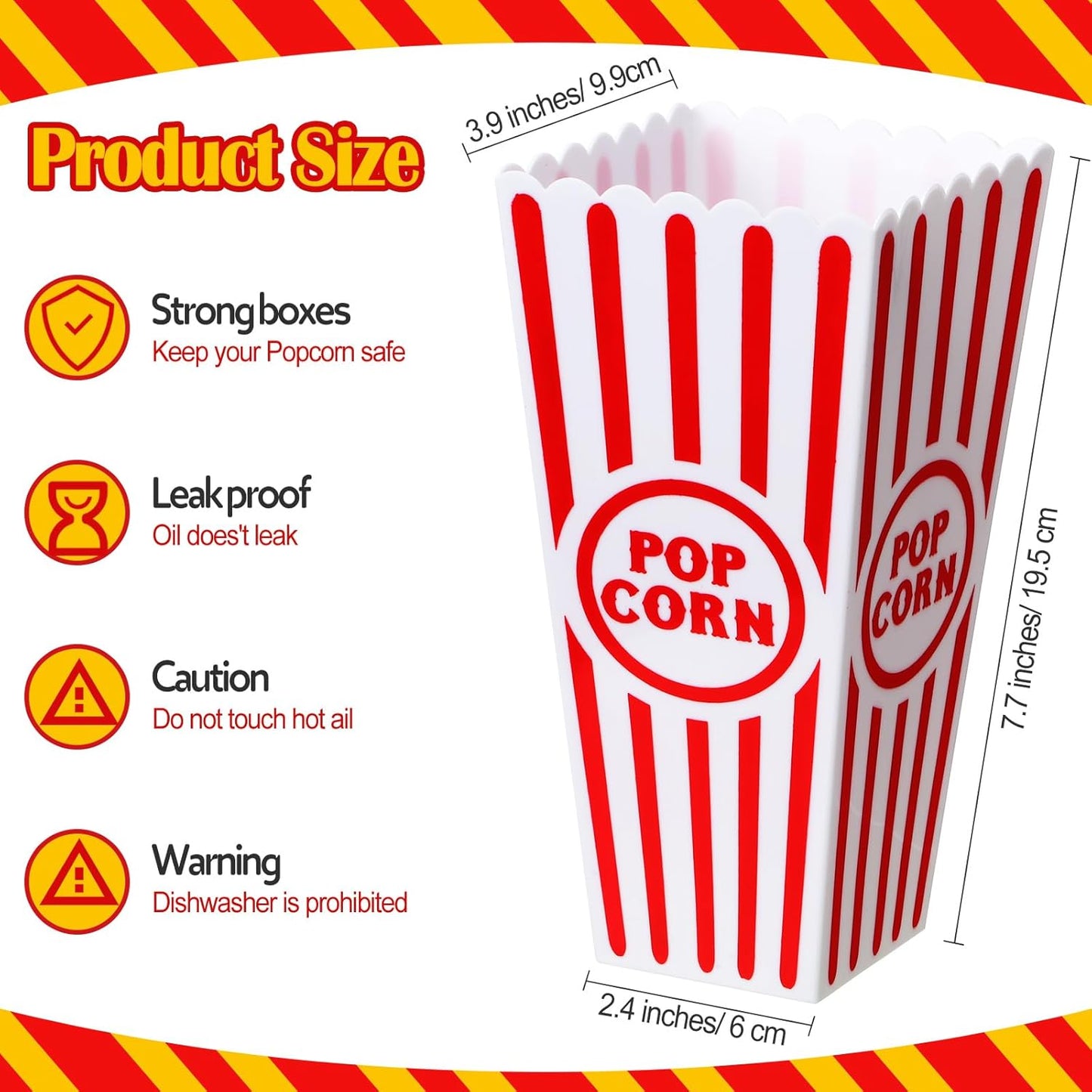 15 Pack Plastic Popcorn Boxes Red and White Striped Popcorn Buckets Bulk Reusable Open Top Containers for Movie Night, Classic Retro Style, 7.7 x 3.9 x 2.4 Inch