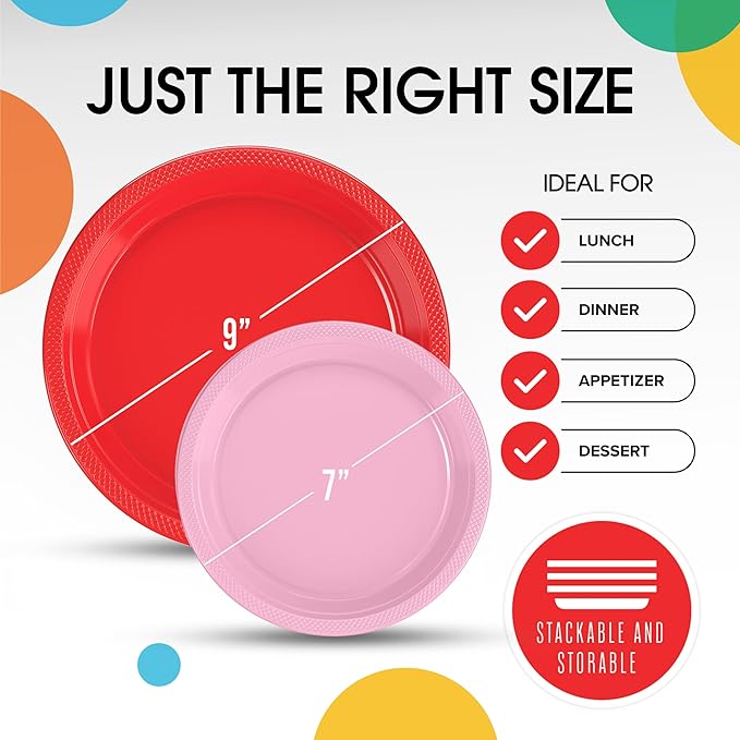Party Solids Red & Pink Plastic Plates For Party Supplies, Red & Pink Disposable Plates 100 Pieces - 50-7" & 50-9" Heavy Duty 350 GSM Disposable Dinnerware Sets, Plastic Dinnerware Sets