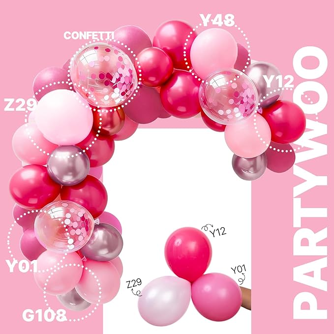 PartyWoo Pink Balloons 65pcs 12 Inch Pearl Metallic Mauve Magenta Fuchsia Hot Pink Confetti Latex Balloons for Gender Reveal Bridal Shower Baby Shower Princess Theme Birthday Party Decorations