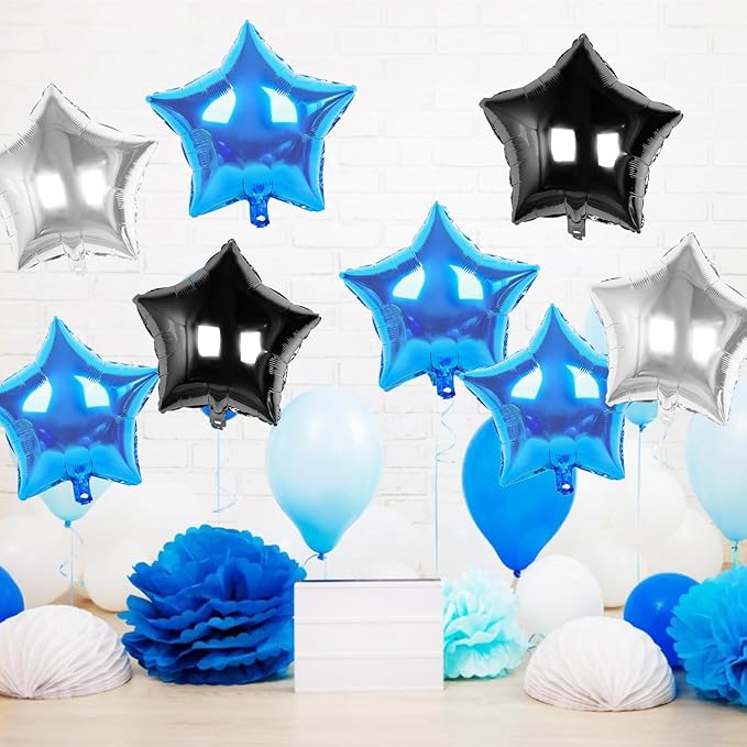 Blue Black Silver Star Foil Balloons, 10PCS Foil Stars Shape Balloon, 18 Inch Metallic Star Pentagram Balloons Helium for Boys Men, Graduation, Baby Shower, Wedding, Space Birthday Party Decoration