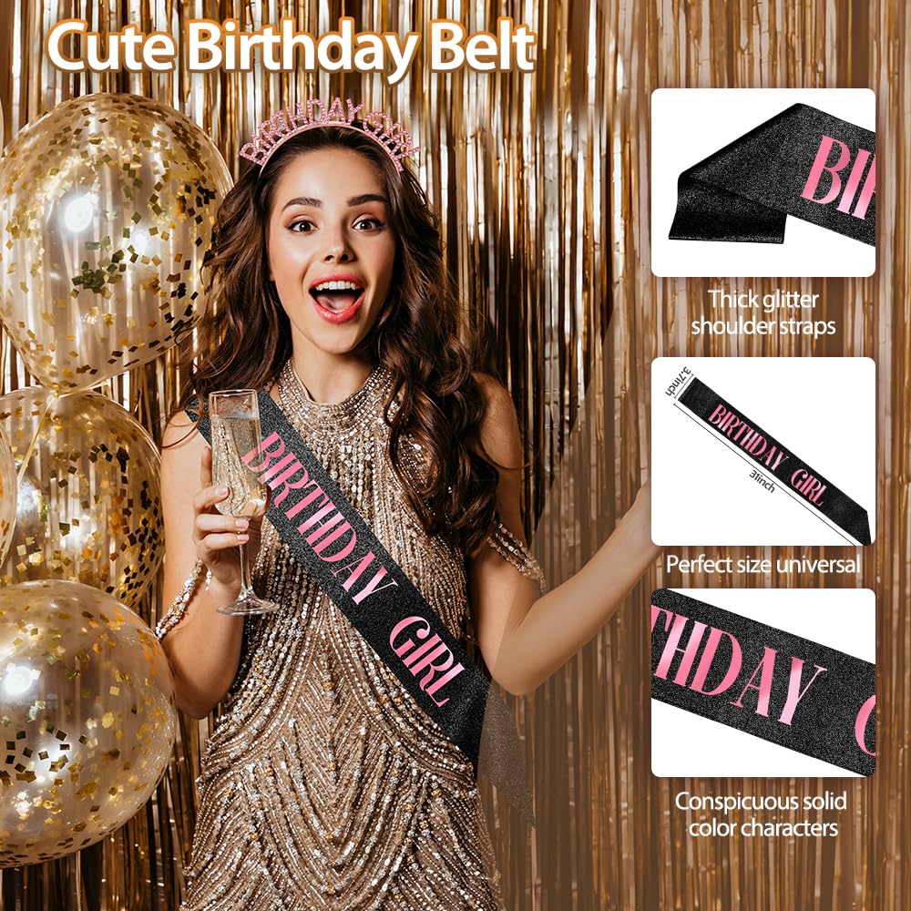 Birthday Crown Birthday Sash for Women, Birthday Girl Sash, Birthday Girl Crown, Glitter Black Birthday Sash and Crown Rhinestone Headband Set, Happy Birthday Girl Princess Tiara Sash Accessories