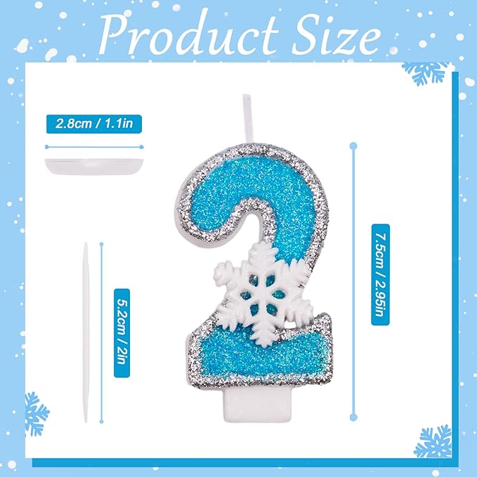 2nd Blue Snowflake Birthday Candles Frozen Themed Number 2 Candles for Cake Topper Cupcake Decorations Party Decor Anniversary Celebrations Supplies