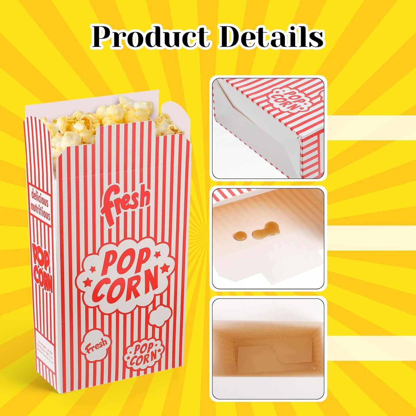 100 Pack Popcorn Containers, 1.25 oz Popcorn Boxes, Red and White Striped Close-Top Cardboard Pop Corners Bags Individual Servings for Party, Movie Night