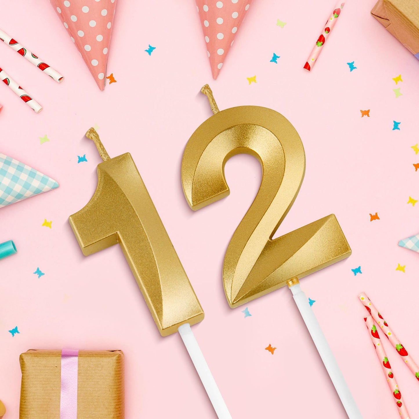 Birthday Candles, 1.96 Inch Number 12 Happy Birthday Candles, Number Candles Decoration for Birthday Party and Anniversary Celebration(Champagne Gold)