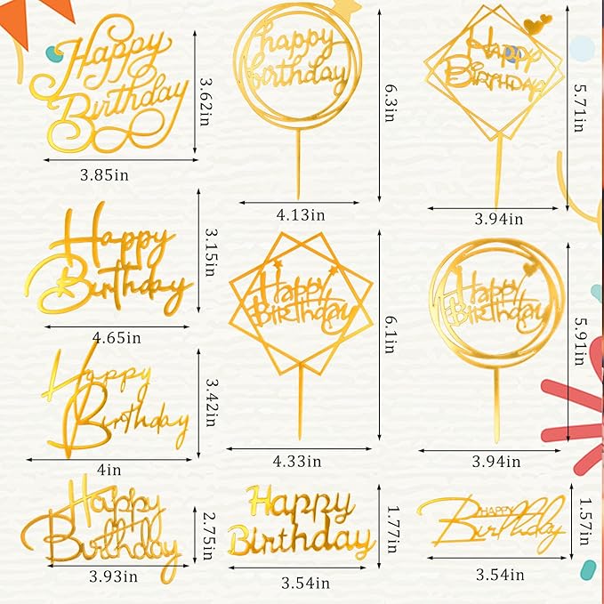 10PCS Gold Happy Birthday Cake Toppers Acrylic Glitter Birthday Cupcake Toppers for DIY Cake Sign Decorations, Personalized Cake Toppers Birthday Party Supplies and Decor